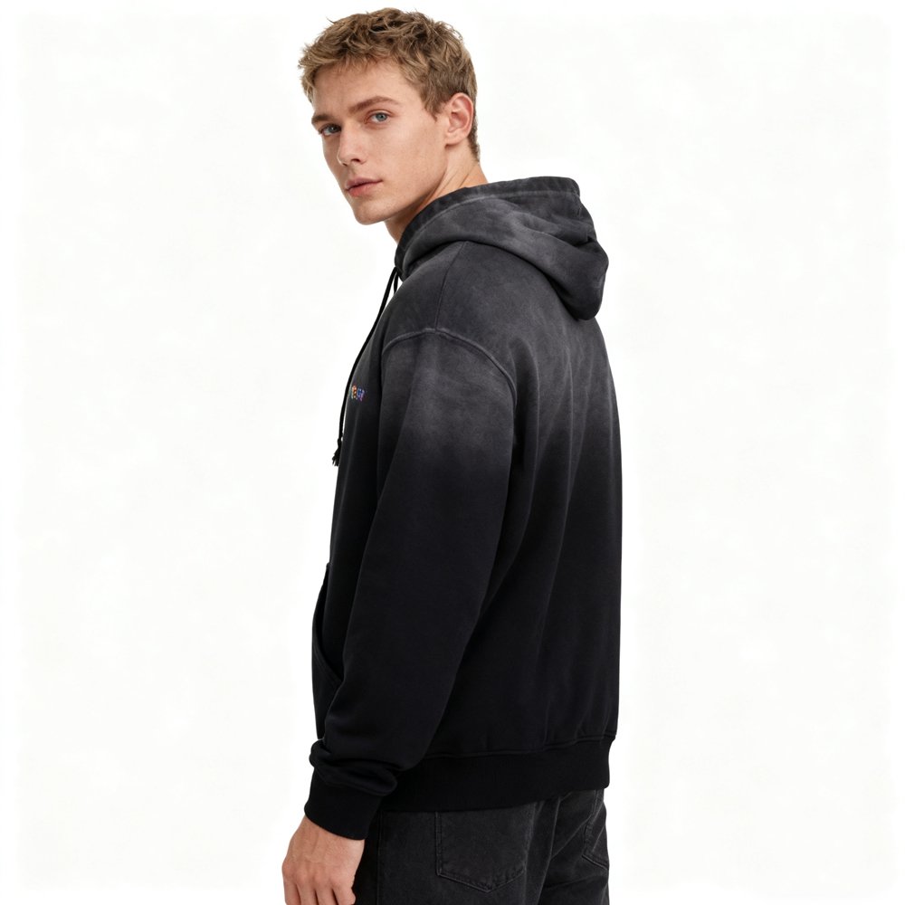 Black ombre wash hooded pullover hoodie with rhinestone detail