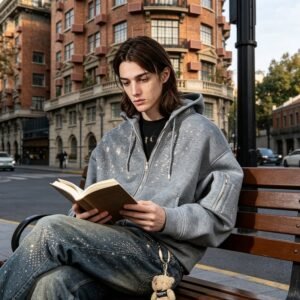 Grey washed rhinestone zip hoodie worn by a model
