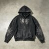 Custom Washed Rhinestone Web Zip Hoodie - Style C7C3C5 Black washed zip-up hoodie with rhinestone spider and web designs