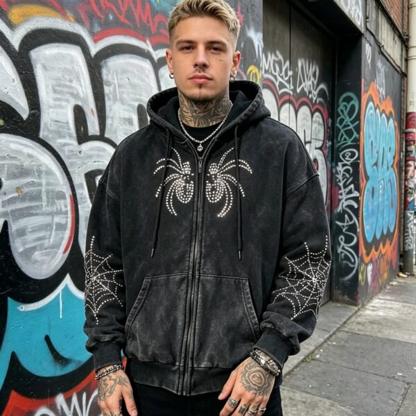 Custom Washed Rhinestone Web Zip Hoodie - Style C7C3C5 - product detail view 5 Custom Washed Rhinestone Web Zip Hoodie - Style C7C3C5 - product detail view 5