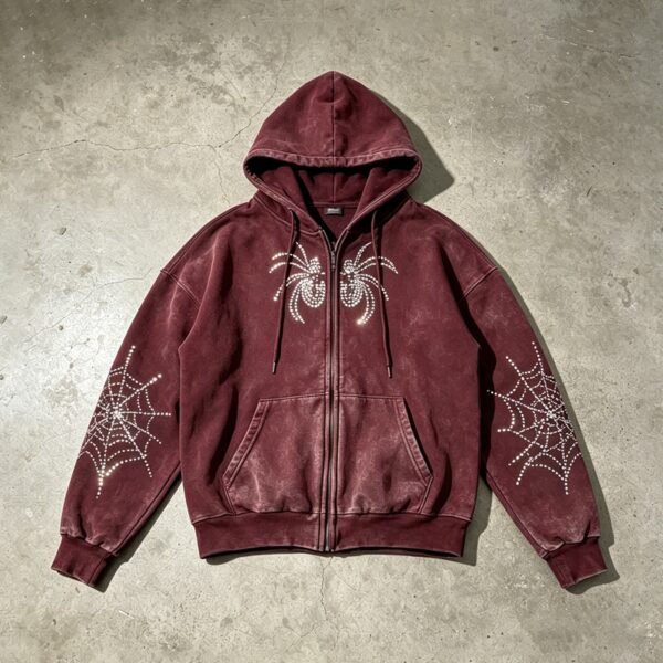 Custom Washed Rhinestone Web Zip Hoodie - Style C7C3C5 - product detail view 9 Custom Washed Rhinestone Web Zip Hoodie - Style C7C3C5 - product detail view 9