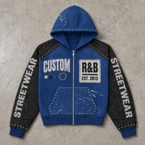 Custom Rivet Applique Color-Block Zip Hoodie - Style 22FC41