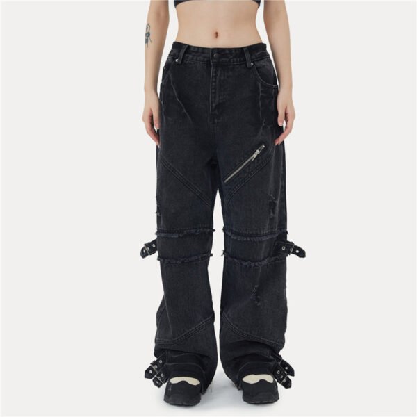 Custom Rivet Detail Twill Streetwear Jacket - Style BEFFD1 Person wearing dark wash twill pants with rivet and buckle details