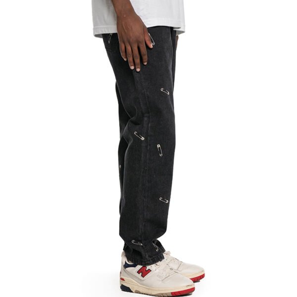Custom Safety-Pin Embellished Straight-Leg Jeans - Style 6773AD Black straight-leg jeans with all-over safety pin embellishments