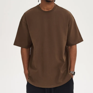 Man wearing a plain brown relaxed fit crew neck t-shirt