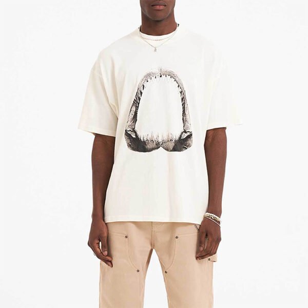 Custom Oversized Shark Jaw Graphic T-Shirt - Style 75C49D Cream oversized t-shirt with a graphic of a shark's jaw