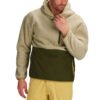 Custom Two-Tone Sherpa Pullover Hoodie - Style F22179 Man wearing a custom two-tone beige and olive fleece pullover hoodie