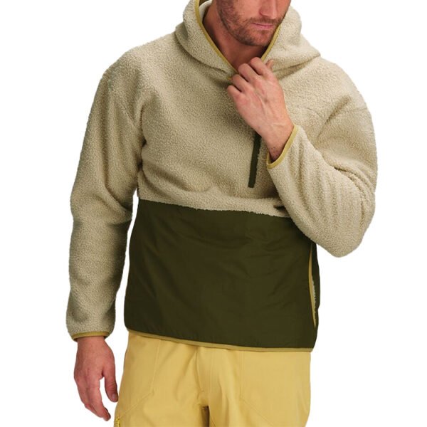 Custom Two-Tone Sherpa Pullover Hoodie - Style F22179 Man wearing a custom two-tone beige and olive fleece pullover hoodie