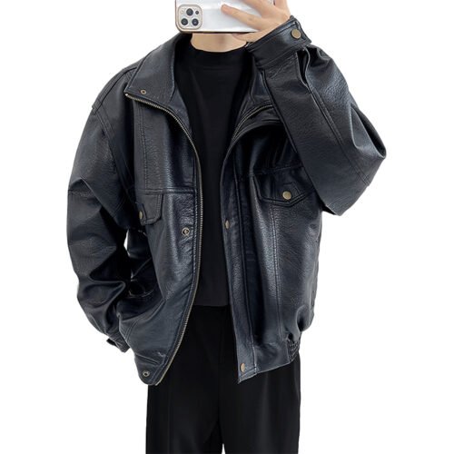 Custom Short Leather-Look Bomber Jacket - 7864827 - Style FE2896 Black faux leather bomber jacket with zipper and chest pockets