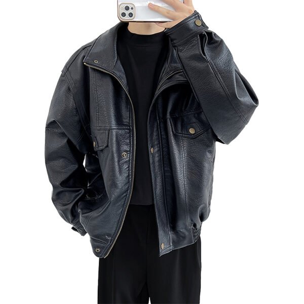 Custom Short Leather-Look Bomber Jacket - 7864827 - Style FE2896 Black faux leather bomber jacket with zipper and chest pockets