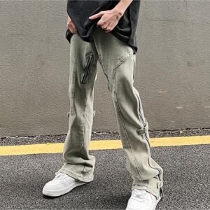 Washed gray denim jeans with side zip utility details