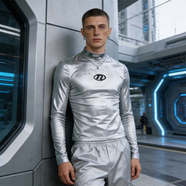 Custom Silver Foil Silicone Mock Neck T-Shirt - Style 2D5309 - product detail view 4 Custom Silver Foil Silicone Mock Neck T-Shirt - Style 2D5309 - product detail view 4