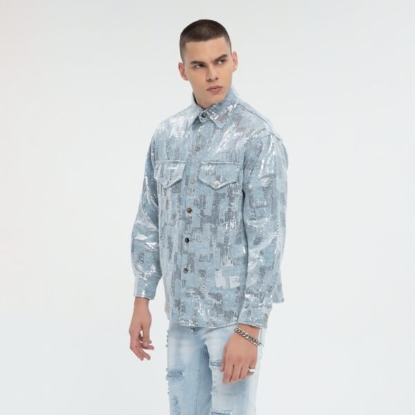 Custom Silver Textured Denim Trucker Jacket - Style E38F42 - product detail view 11 Custom Silver Textured Denim Trucker Jacket - Style E38F42 - product detail view 11