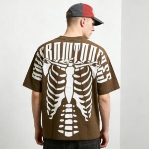 Brown oversized t-shirt with a large white skeleton graphic on the back.