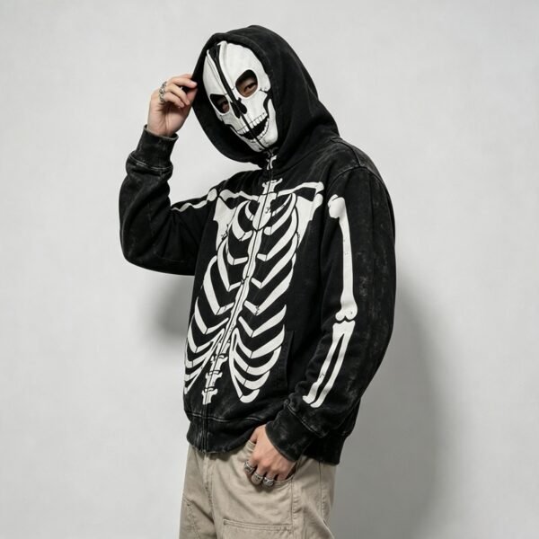 Custom Full-Zip Skeleton Graphic Acid-Wash Hoodie | VW-ZH-091 - Style 9AFAA1 - product detail view 3