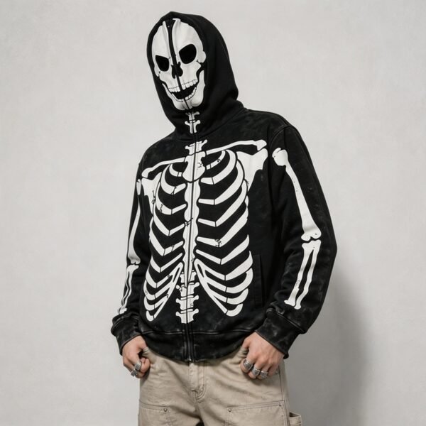 Custom Full-Zip Skeleton Graphic Acid-Wash Hoodie | VW-ZH-091 - Style 9AFAA1 - product detail view 5