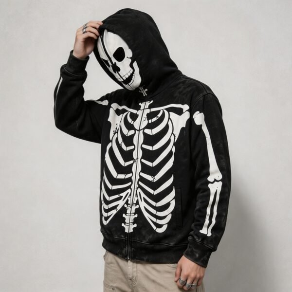 Custom Full-Zip Skeleton Graphic Acid-Wash Hoodie | VW-ZH-091 - Style 9AFAA1 - product detail view 6