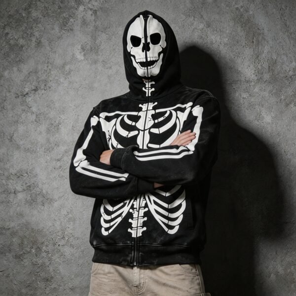 Custom Full-Zip Skeleton Graphic Acid-Wash Hoodie | VW-ZH-091 - Style 9AFAA1 - product detail view 7