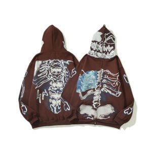 Brown full-zip skeleton graphic hooded jacket