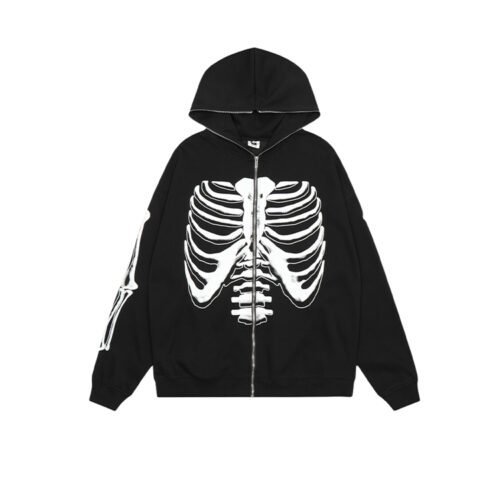 Black zip hoodie with a white skeleton print