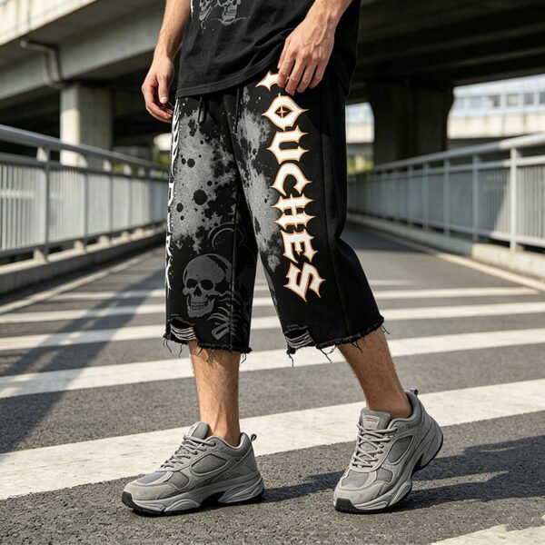 Custom Washed Skull Graphic Ripped Cropped Pants - Style AB9908 - product detail view 7 Custom Washed Skull Graphic Ripped Cropped Pants - Style AB9908 - product detail view 7
