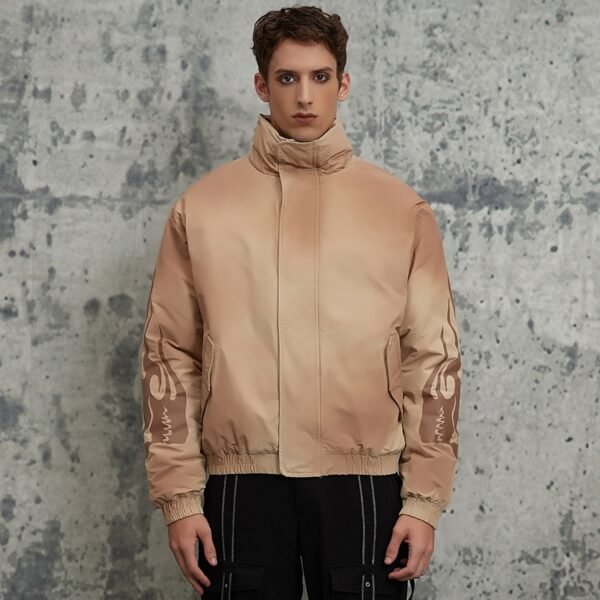 Tan sun-faded puffer jacket with sleeve patch detail