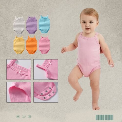 Baby standing in a pink sleeveless onesie with close-up details
