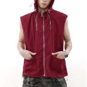 Maroon sleeveless hooded utility jacket with a full zip and pockets