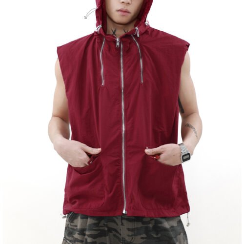 Custom Sleeveless Hooded Utility Jacket | - Style 09ACBF Maroon sleeveless hooded utility jacket with a full zip and pockets
