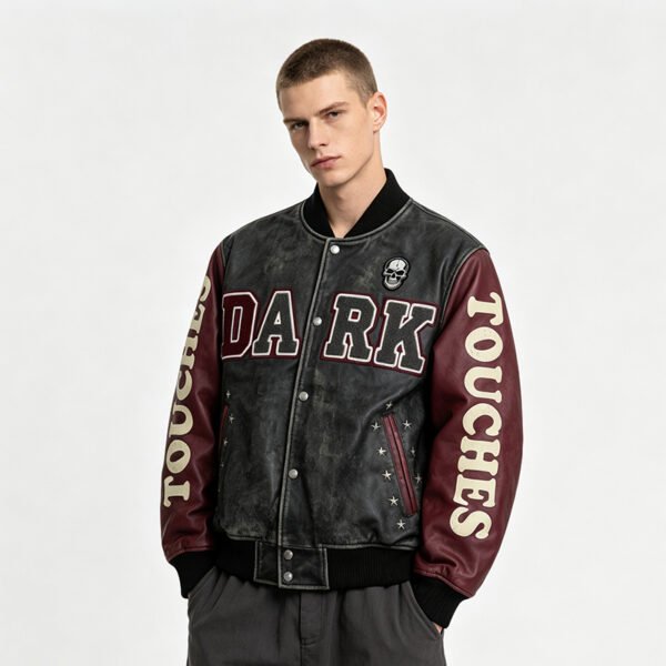 Custom Soft-Finish Contrast Sleeve Varsity Jacket - Style E46FD6 - product detail view 2 Custom Soft-Finish Contrast Sleeve Varsity Jacket - Style E46FD6 - product detail view 2
