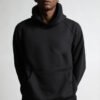 Solid black pullover hoodie with reinforced hood and front pocket