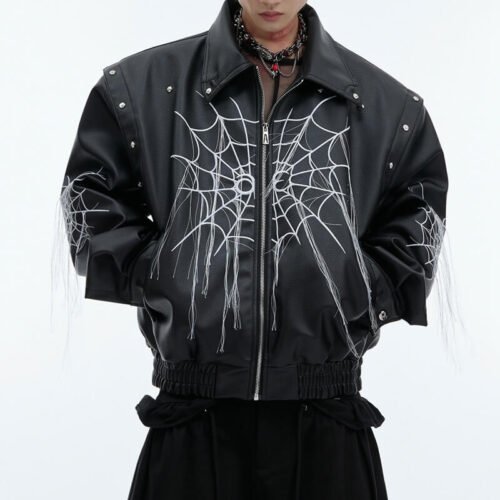 Custom Spiderweb Panel Biker Jacket - Style 451427 Black faux leather biker jacket with white spiderweb print and fringed sleeves
