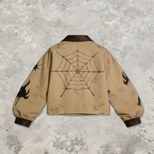 Custom Spiderweb Graphic Utility Jacket - Style 24A6E9 Tan utility jacket with spiderweb and flame graphics