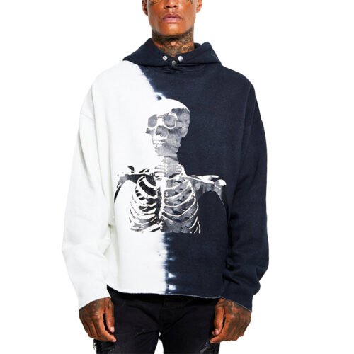 Custom Split-Dye Skull Graphic Oversized Hoodie - Style BA7568 Oversized split-dye hoodie with a monochromatic skull graphic and raw hem.