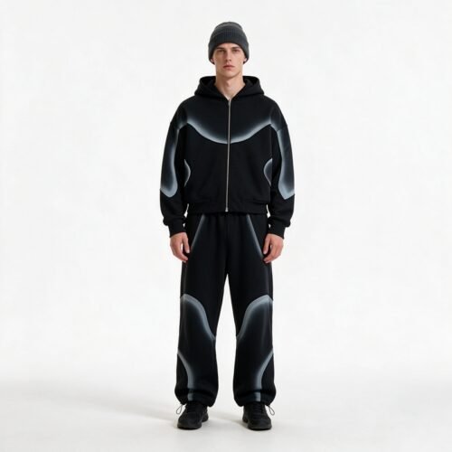 Custom Spray-Dye Curved Zip Hoodie Set - 8634502 - Style F98CE8 Black zip hoodie and pants set with abstract spray-dye curved design