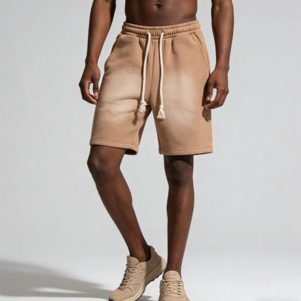 Custom Spray-Dyed Drawcord Fleece Shorts - Style 81B088 Man wearing custom spray-dyed drawcord fleece shorts