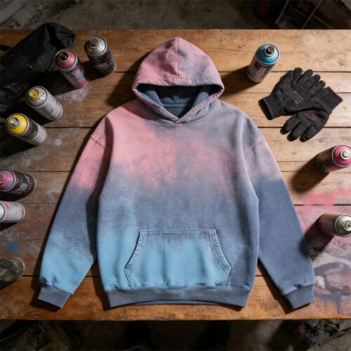 Custom Spray-Dyed Gradient Pullover Hoodie BC44B578 - Style BC44B5 Grey, pink, and blue washed spray-dyed gradient pullover hoodie.