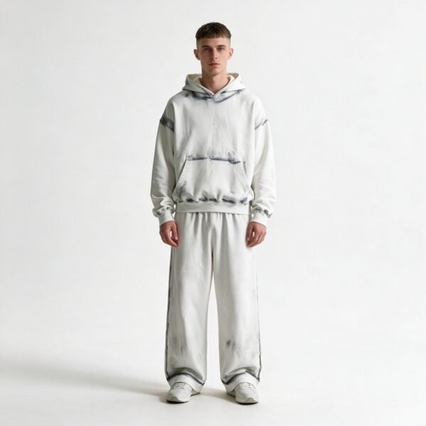 Custom Spray-Dyed Oversized Pullover Hoodie - Style CE7F3D Man wearing a custom spray-dyed oversized white hoodie and matching pants