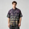 Custom Spray-Dyed Plaid Print Streetwear Shorts - Style CF1963 Man wearing a purple and green spray-dyed plaid short-sleeve shirt