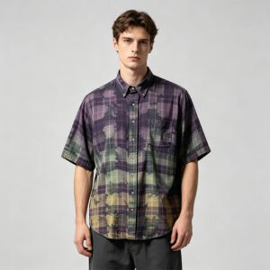 Man wearing a purple and green spray-dyed plaid short-sleeve shirt