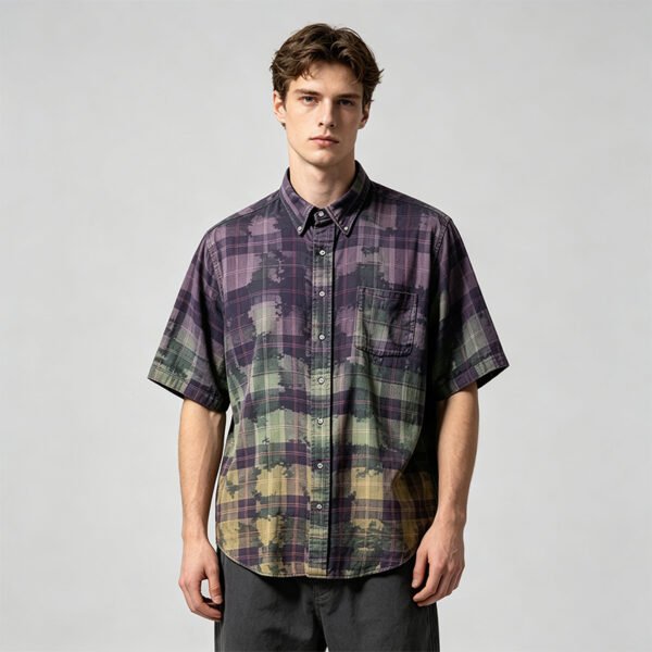Custom Spray-Dyed Plaid Print Streetwear Shorts - Style CF1963 Man wearing a purple and green spray-dyed plaid short-sleeve shirt