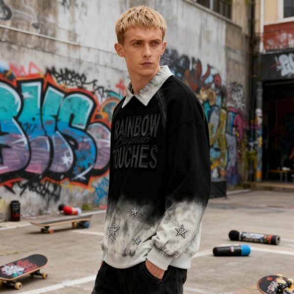 Custom Spray-Wash Rib Hem Embroidered Pullover Hoodie - Style FA6CE2 - product detail view 5