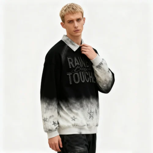 Man wearing a spray-wash collared pullover with 'RAINBOW BLEACH TOUCH' graphic