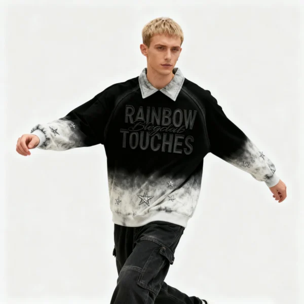 Custom Spray-Wash Rib Hem Embroidered Pullover Hoodie - Style FA6CE2 - product detail view 2