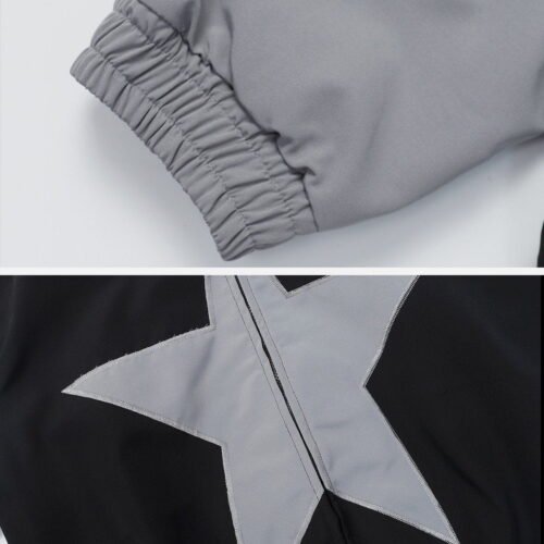 Custom Star Applique Stand-Collar Bomber Jacket - Style BFFC76 Black and grey bomber jacket with star applique and elastic cuffs