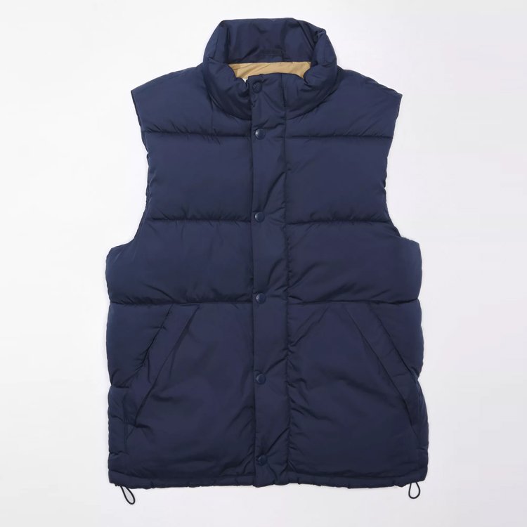 Custom navy stand-collar puffer vest jacket with button closure