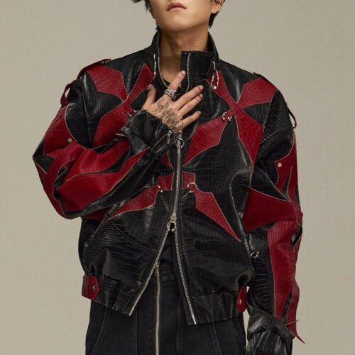 Black and red contrast panel faux leather street jacket with textured details