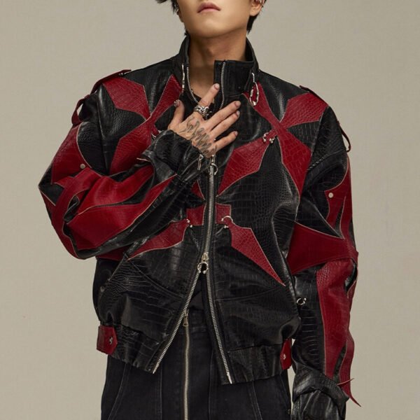 Black and red contrast panel faux leather street jacket with textured details