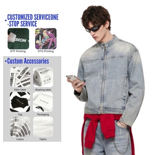 Custom Stand-Collar Zip Denim Jacket 2587 - Style 87C5B1 Custom Stand-Collar Zip Denim Jacket 2587 - Style 87C5B1