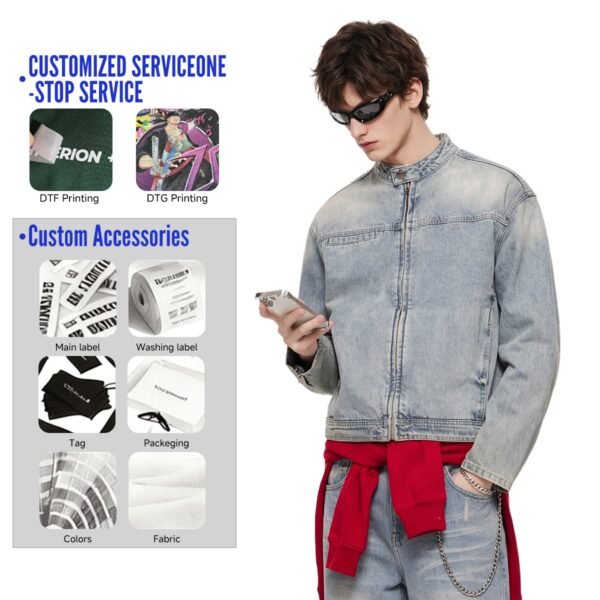 Custom Stand-Collar Zip Denim Jacket 2587 - Style 87C5B1 Custom Stand-Collar Zip Denim Jacket 2587 - Style 87C5B1
